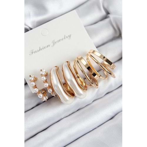 Pirinç İncili Halka Model Gold Renk Kadın Set Küpe