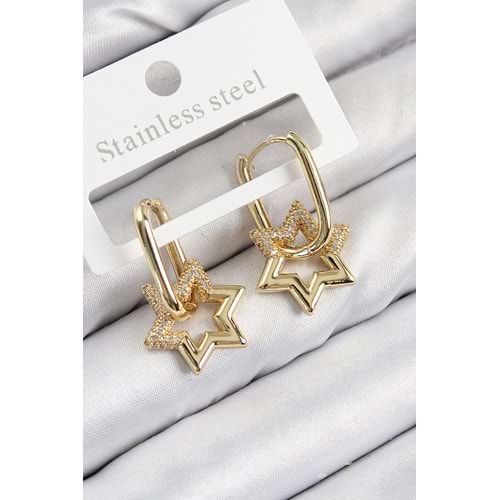 Pirinç Zirkon Taşlı Yıldız Model Gold Renk Kadın Küpe