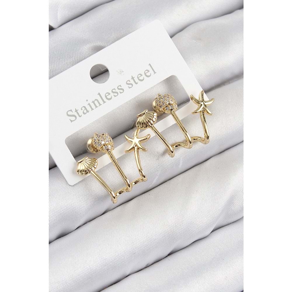 Pirinç Zirkon Taşlı Deniz Yıldızı ve İstiridye Model Gold Renk Kadın Küpe