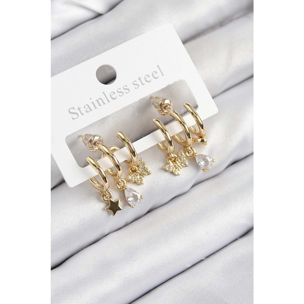 Pirinç Zirkon Taşlı Yıldız Ve Kelebek Model Gold Renk Kadın Küpe