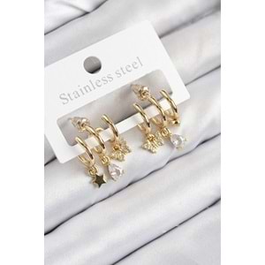 Pirinç Zirkon Taşlı Yıldız Ve Kelebek Model Gold Renk Kadın Küpe