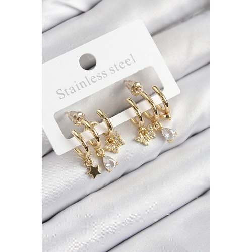 Pirinç Zirkon Taşlı Yıldız Ve Kelebek Model Gold Renk Kadın Küpe