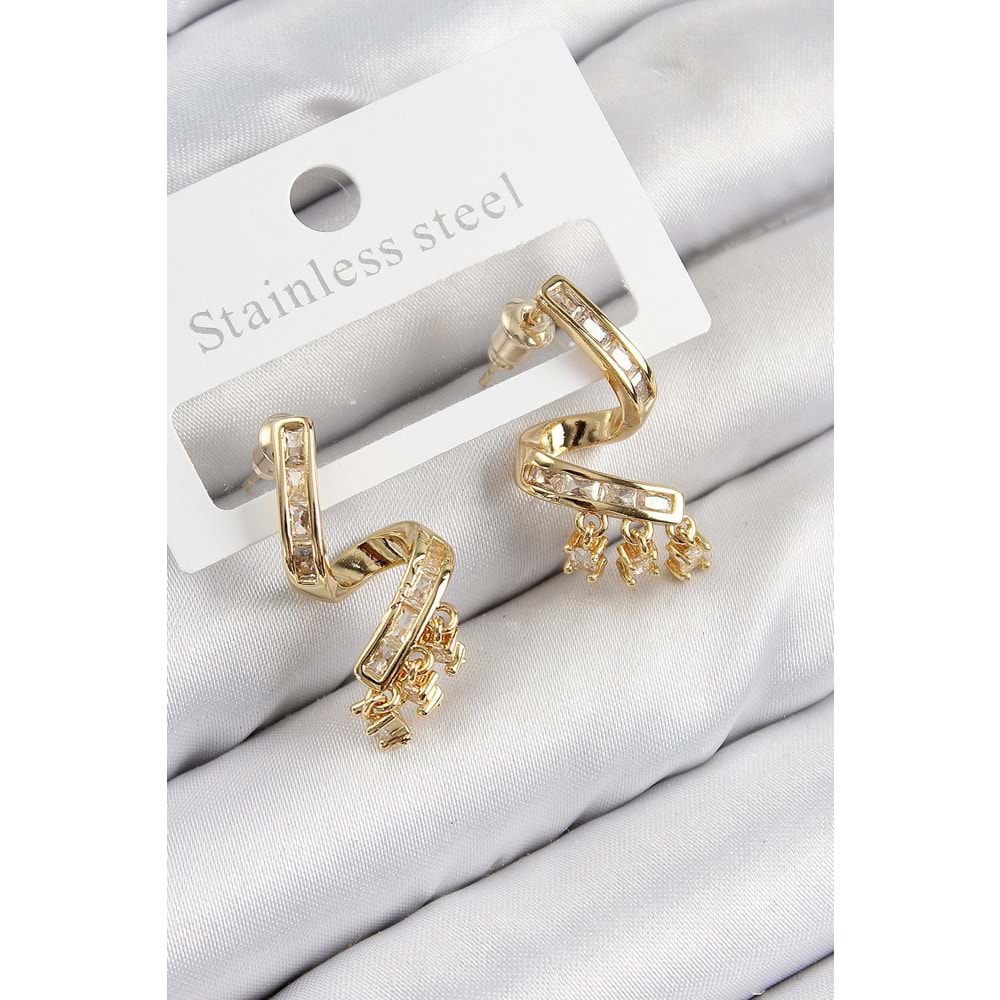 Pirinç Zirkon Taşlı Kıvrımlı Model Gold Renk Kadın Küpe