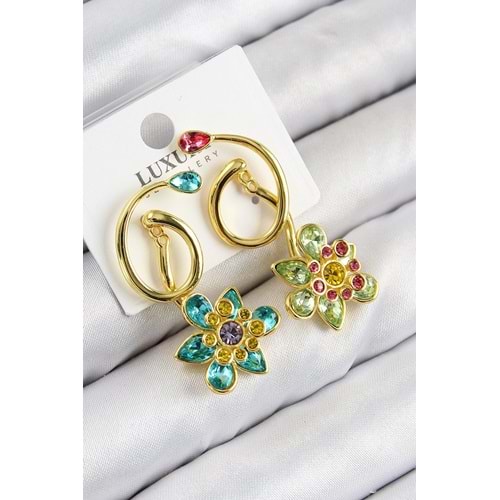VIP Pirinç Zirkon Taşlı Çiçek Model Gold Renk Kadın Küpe