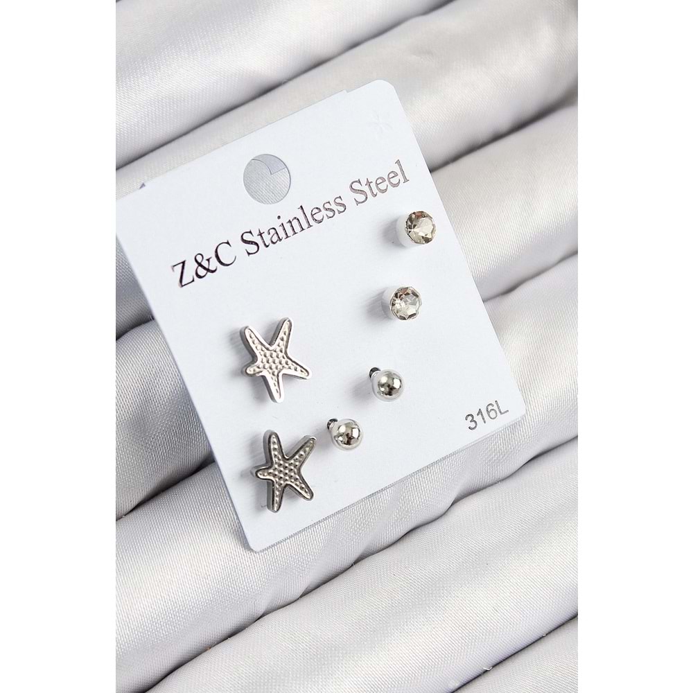 316L Çelik Zirkon Taşlı Deniz Yıldızı Model Gümüş Renk Kadın Set Küpe