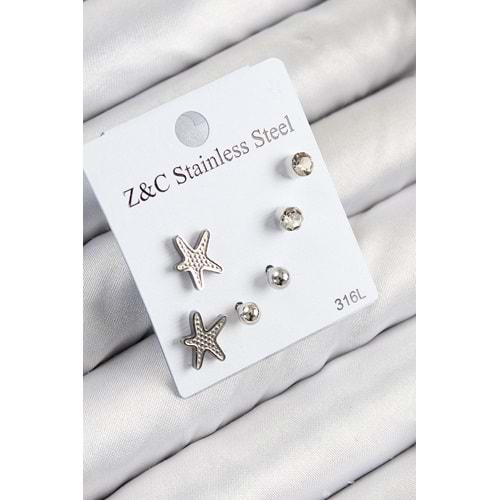 316L Çelik Zirkon Taşlı Deniz Yıldızı Model Gümüş Renk Kadın Set Küpe
