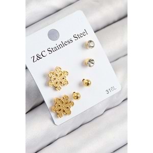 316L Çelik Zirkon Taşlı Kar Tanesi Model Gold Renk Kadın Set Küpe
