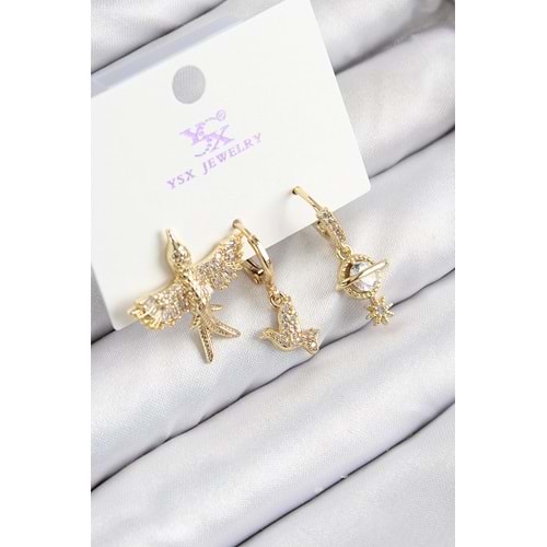 Pirinç Zirkon Taşlı 3'lü Kuş Model Gold Renk Kadın Küpe