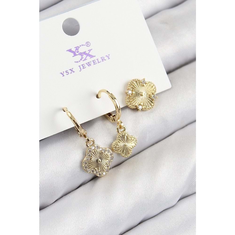 Pirinç Zirkon Taşlı 3'lü Yonca Model Gold Renk Kadın Küpe