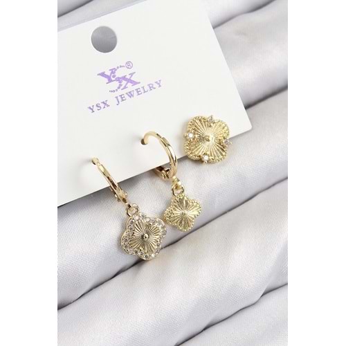 Pirinç Zirkon Taşlı 3'lü Yonca Model Gold Renk Kadın Küpe