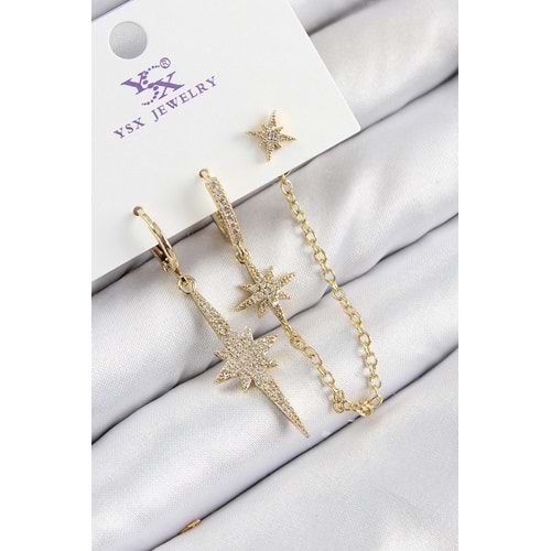 Pirinç Zirkon Taşlı 3'lü Kutup Yıldızı Model Gold Renk Kadın Küpe