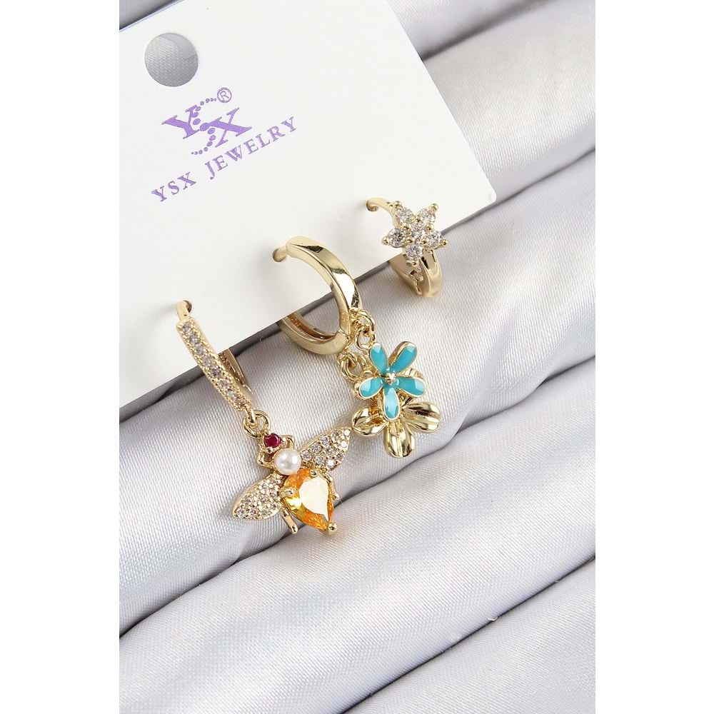 Pirinç Zirkon Taşlı 3'lü Arı Ve Çiçek Model Gold Renk Kadın Küpe