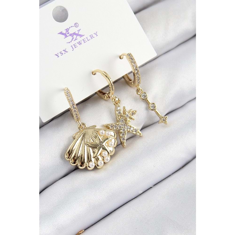 Pirinç Zirkon Taşlı 3'lü İstiridye Ve Yıldız Model Gold Renk Kadın Küpe