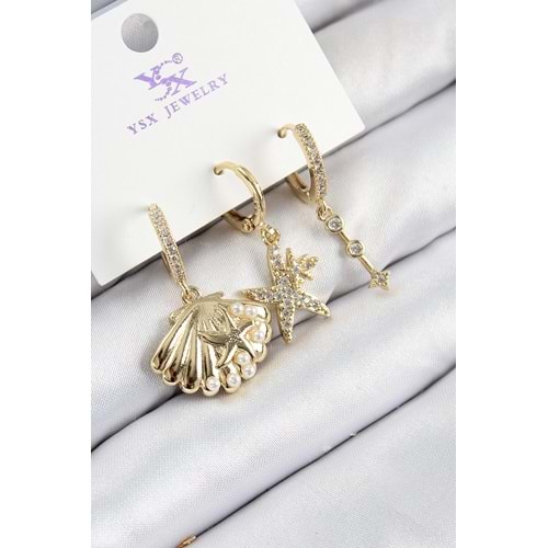 Pirinç Zirkon Taşlı 3'lü İstiridye Ve Yıldız Model Gold Renk Kadın Küpe