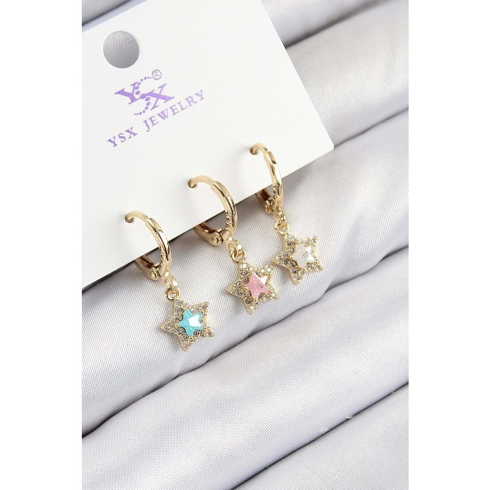 Pirinç Zirkon Taşlı 3'lü Renkli Yıldız Model Gold Renk Kadın Küpe