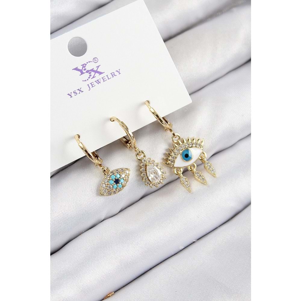Pirinç Zirkon Taşlı 3'lü Fatma'nın Gözü Model Gold Renk Kadın Küpe