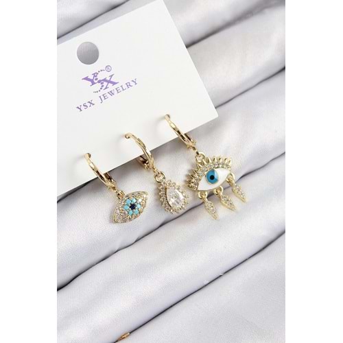 Pirinç Zirkon Taşlı 3'lü Fatma'nın Gözü Model Gold Renk Kadın Küpe