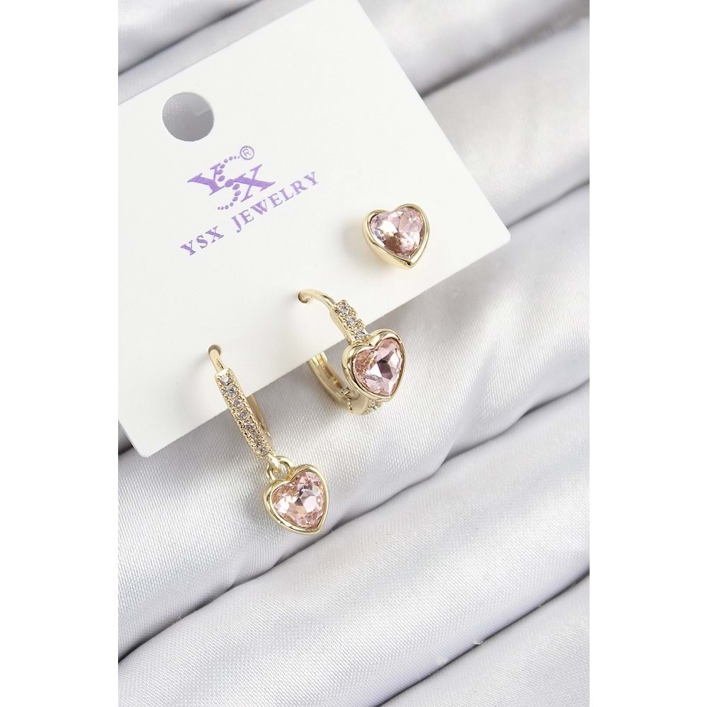 Pirinç Zirkon Taşlı 3'lü Pembe Kalp Model Gold Renk Kadın Küpe