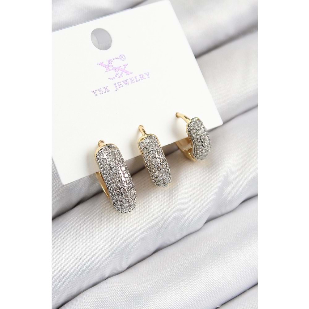 Pirinç Zirkon Taşlı 3'lü Halka Model Gold Ve Gümüş Renk Kadın Küpe