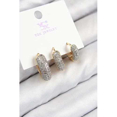 Pirinç Zirkon Taşlı 3'lü Halka Model Gold Ve Gümüş Renk Kadın Küpe