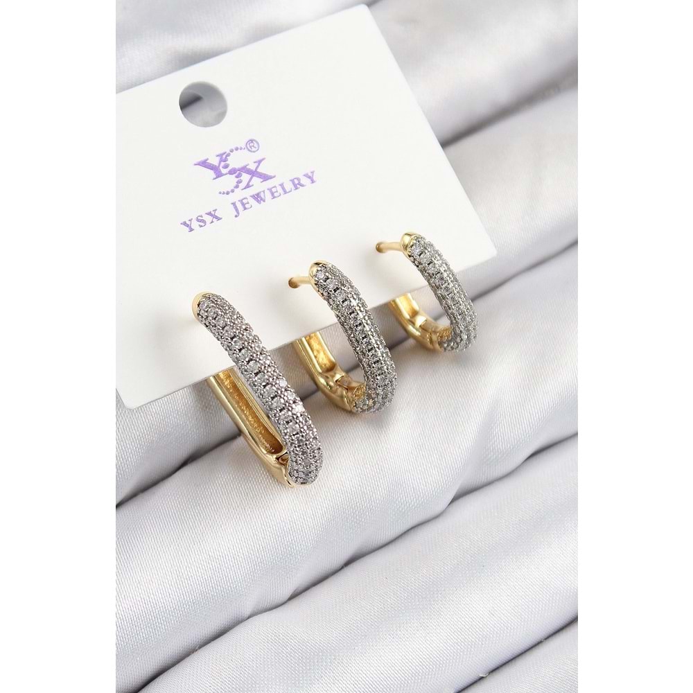 Pirinç Zirkon Taşlı 3'lü Oval Dikdörtgen Model Gold Ve Gümüş Renk Kadın Küpe