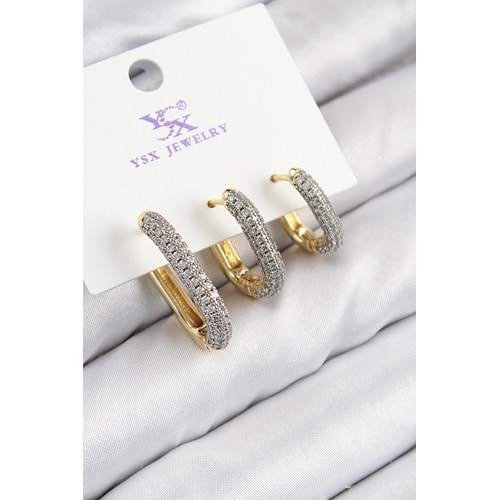 Pirinç Zirkon Taşlı 3'lü Oval Dikdörtgen Model Gold Ve Gümüş Renk Kadın Küpe