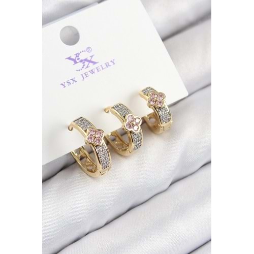 Pirinç Zirkon Taşlı 3'lü Halka Yonca Model Gold Ve Gümüş Renk Kadın Küpe