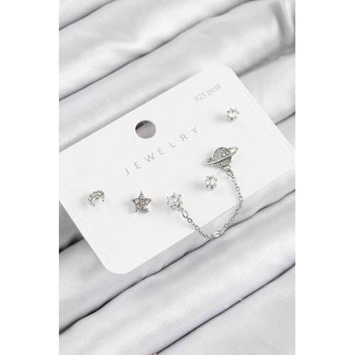 Pirinç Zirkon Taşlı Yıldız Ve Gezegen Model Gümüş Renk 925 Ayar Gümüş Çivi Kadın Küpe Set