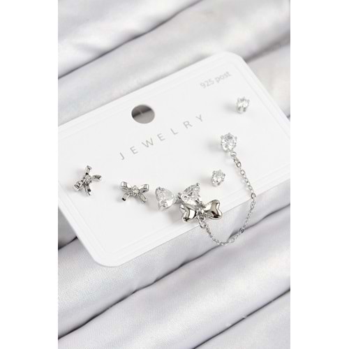 Pirinç Zirkon Taşlı Fiyonk Model Gümüş Renk 925 Ayar Gümüş Çivi Kadın Küpe Set