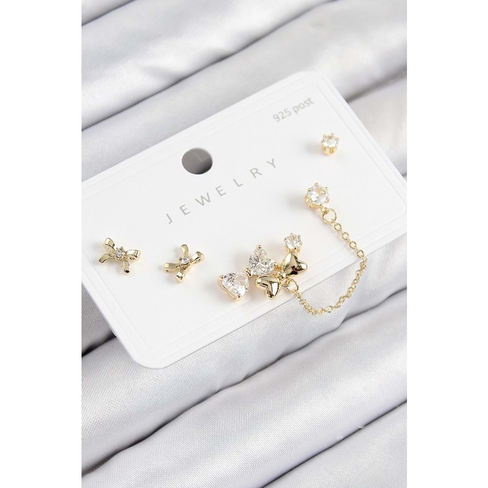 Pirinç Zirkon Taşlı Fiyonk Model Gold Renk 925 Ayar Gümüş Çivi Kadın Küpe Set