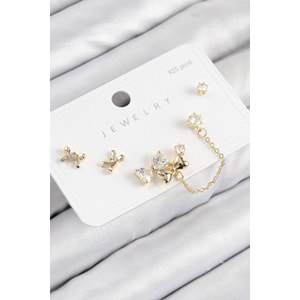 Pirinç Zirkon Taşlı Fiyonk Model Gold Renk 925 Ayar Gümüş Çivi Kadın Küpe Set