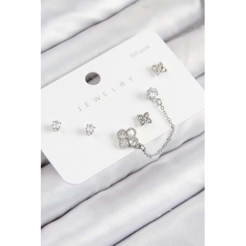 Pirinç Zirkon Taşlı Yonca Model Gümüş Renk 925 Ayar Gümüş Çivi Kadın Küpe Set