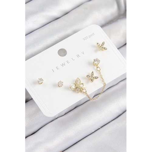 Pirinç Zirkon Taşlı Kelebek Model Gold Renk 925 Ayar Gümüş Çivi Kadın Küpe Set