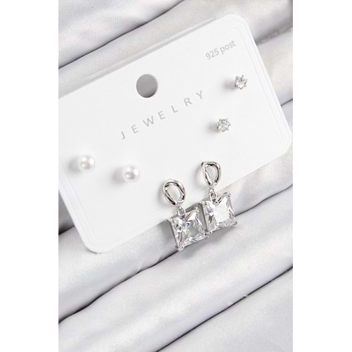 Pirinç Zirkon Taşlı Sallantılı Kare Model Gümüş Renk 925 Ayar Gümüş Çivi Kadın Küpe Set