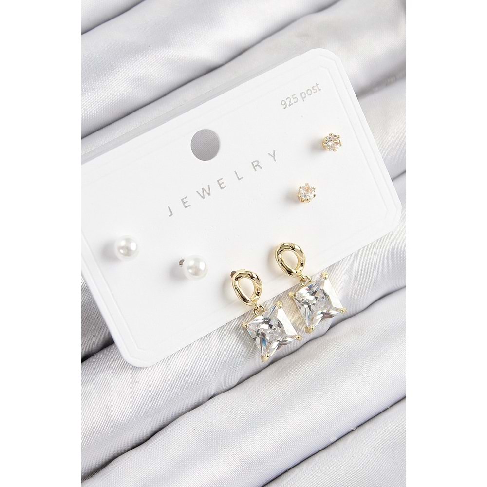 Pirinç Zirkon Taşlı Sallantılı Kare Model Gold Renk 925 Ayar Gümüş Çivi Kadın Küpe Set