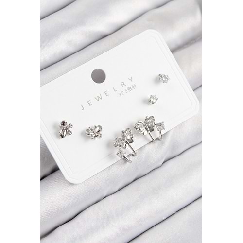 Pirinç Zirkon Taşlı Kelebek Model Gümüş Renk 925 Ayar Gümüş Çivi Kadın Küpe Set