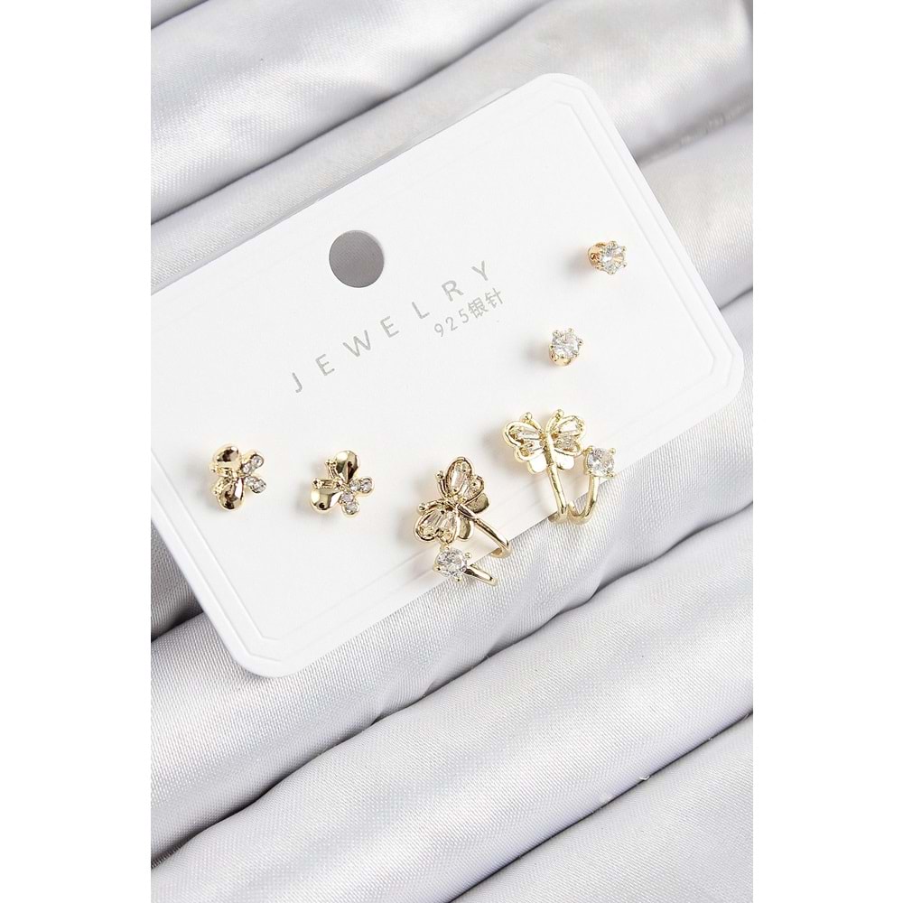 Pirinç Zirkon Taşlı Kelebek Model Gold Renk 925 Ayar Gümüş Çivi Kadın Küpe Set