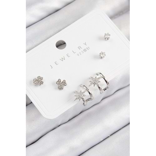 Pirinç Zirkon Taşlı Kutup Yıldızı Model Gümüş Renk 925 Ayar Gümüş Çivi Kadın Küpe Set