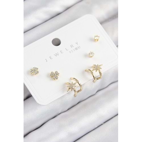 Pirinç Zirkon Taşlı Kutup Yıldızı Model Gold Renk 925 Ayar Gümüş Çivi Kadın Küpe Set