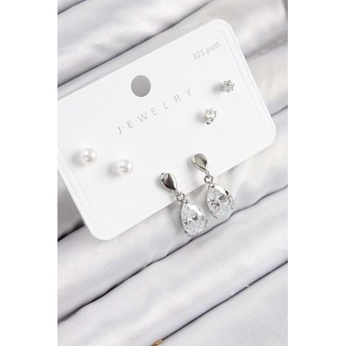 Pirinç Zirkon Taşlı Sallantılı Damla Model Gümüş Renk 925 Ayar Gümüş Çivi Kadın Küpe Set