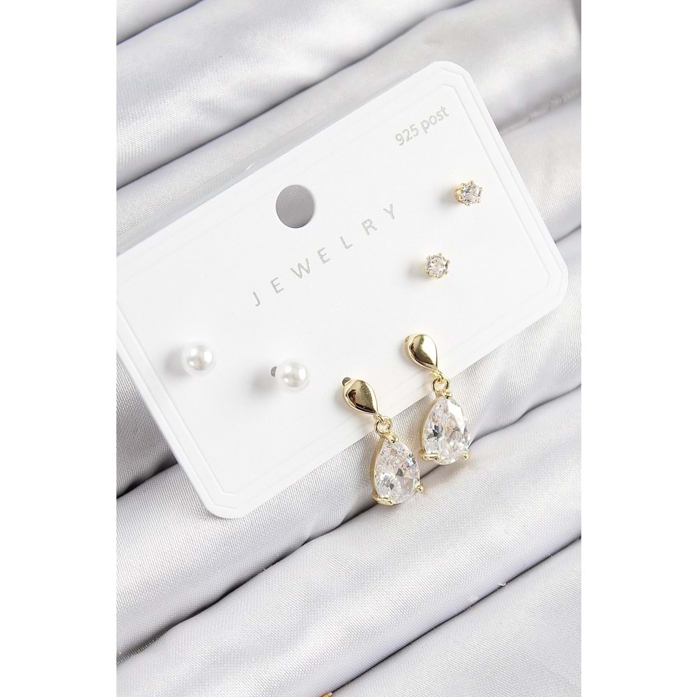 Pirinç Zirkon Taşlı Sallantılı Damla Model Gold Renk 925 Ayar Gümüş Çivi Kadın Küpe Set