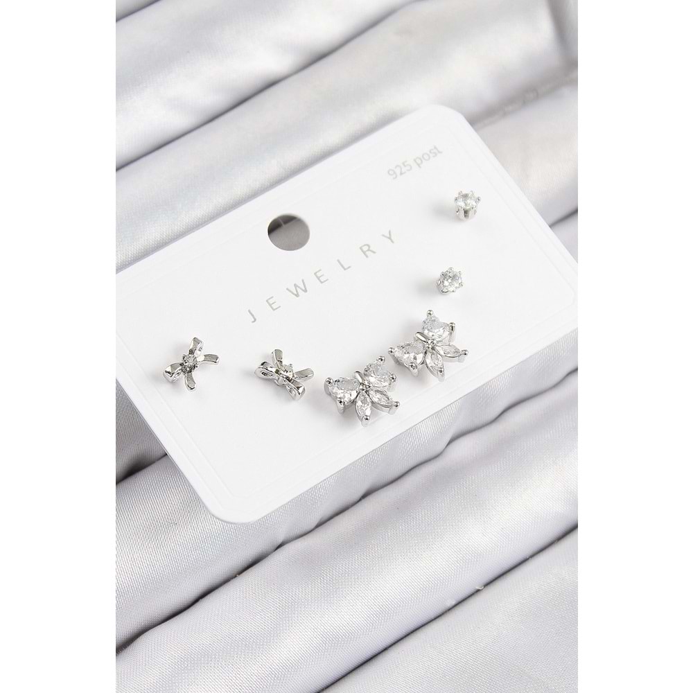 Pirinç Zirkon Taşlı Fiyonk Model Gümüş Renk 925 Ayar Gümüş Çivi Kadın Küpe Set