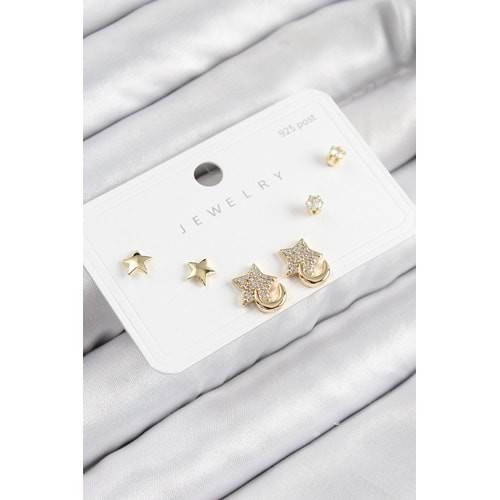 Pirinç Zirkon Taşlı Yıldız Model Gold Renk 925 Ayar Gümüş Çivi Kadın Küpe Set