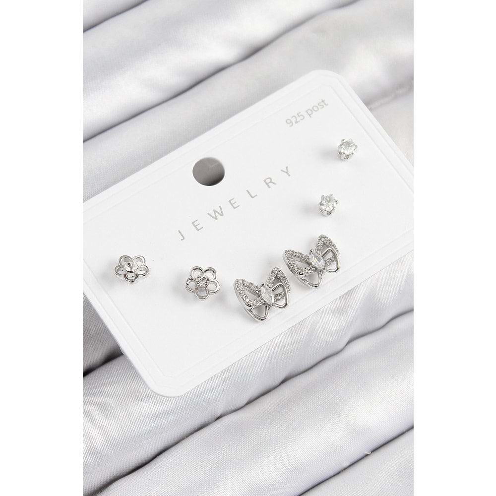 Pirinç Zirkon Taşlı Kelebek Model Gümüş Renk 925 Ayar Gümüş Çivi Kadın Küpe Set