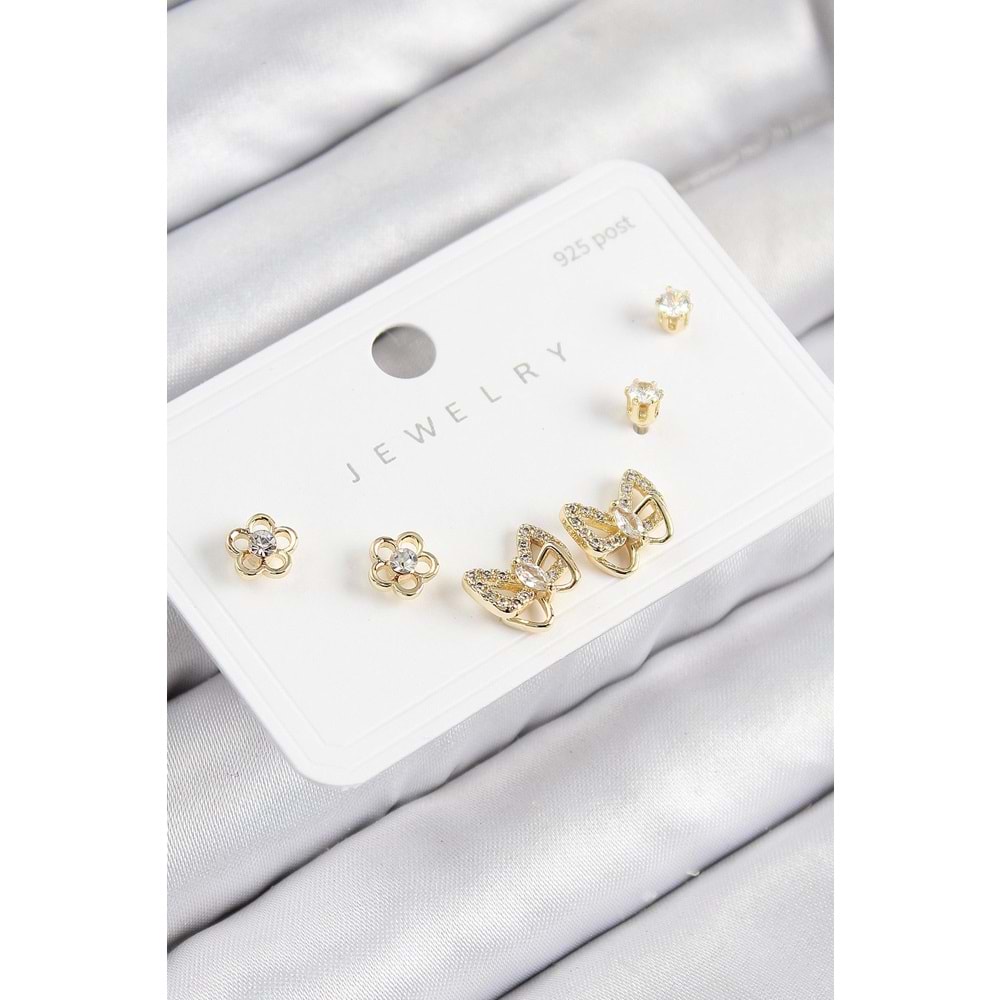 Pirinç Zirkon Taşlı Kelebek Model Gold Renk 925 Ayar Gümüş Çivi Kadın Küpe Set