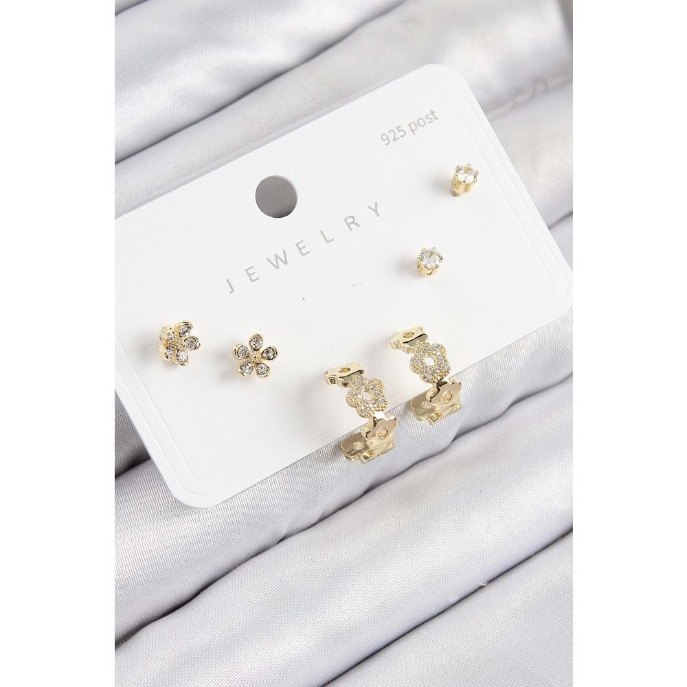 Pirinç Zirkon Taşlı Halka Model Gold Renk 925 Ayar Gümüş Çivi Kadın Küpe Set