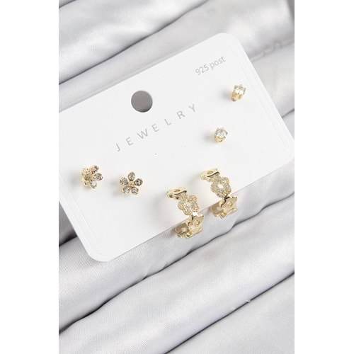 Pirinç Zirkon Taşlı Halka Model Gold Renk 925 Ayar Gümüş Çivi Kadın Küpe Set
