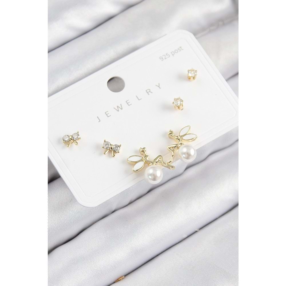 Pirinç Zirkon Taşlı İnci Melek Model Gold Renk 925 Ayar Gümüş Çivi Kadın Küpe Set