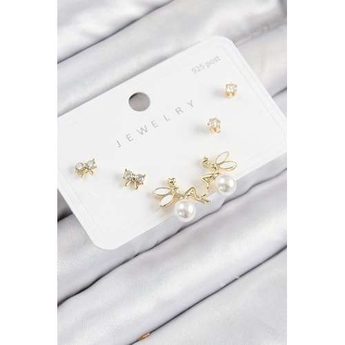 Pirinç Zirkon Taşlı İnci Melek Model Gold Renk 925 Ayar Gümüş Çivi Kadın Küpe Set