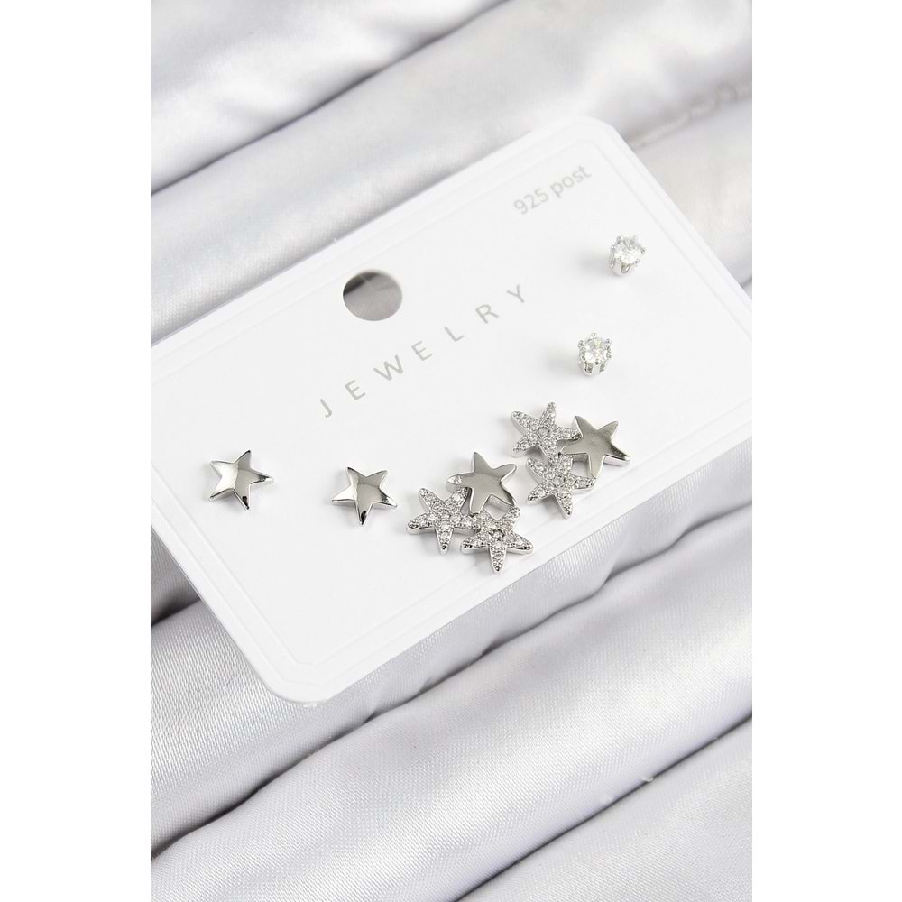 Pirinç Zirkon Taşlı Yıldız Model Gümüş Renk 925 Ayar Gümüş Çivi Kadın Küpe Set